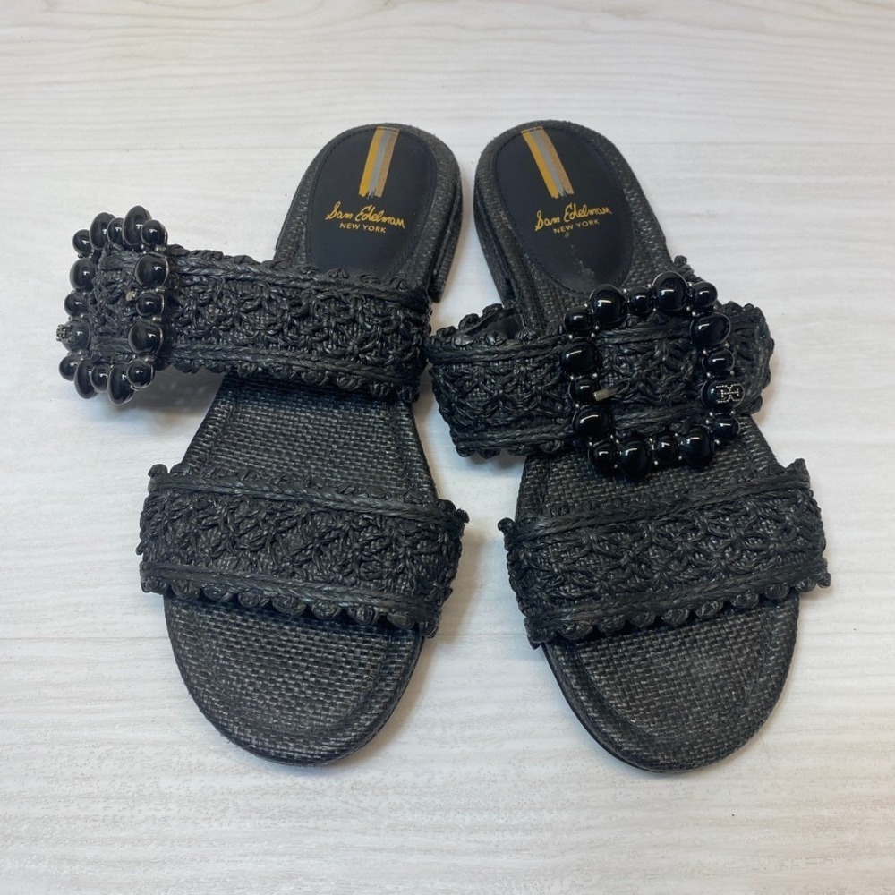 Sam Edelman Womens 8.5 Elisa Slide Sandal Woven Raffia Black Beaded Buckle Boho